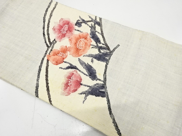 JAPANESE KIMONO / ANTIQUE NAGOYA OBI / SILK / HAND WOVEN / MAWATA TSUMUGI / FLOWERS